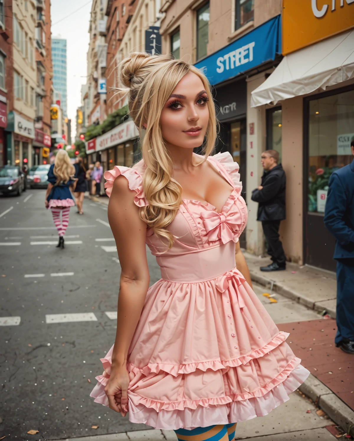 score_9, 1girl , solo focus,cowboy shot, hair bun,  long hair, blonde hair,  city street,  <lora:LFashionPDXL:.65> zzLFashion,  pink frilled dress, frills, bow, dress,  pantyhose,, striped thighhighs,  <lora:Jessica_Nigri_Cosplayer:1> Jessica Nigri,