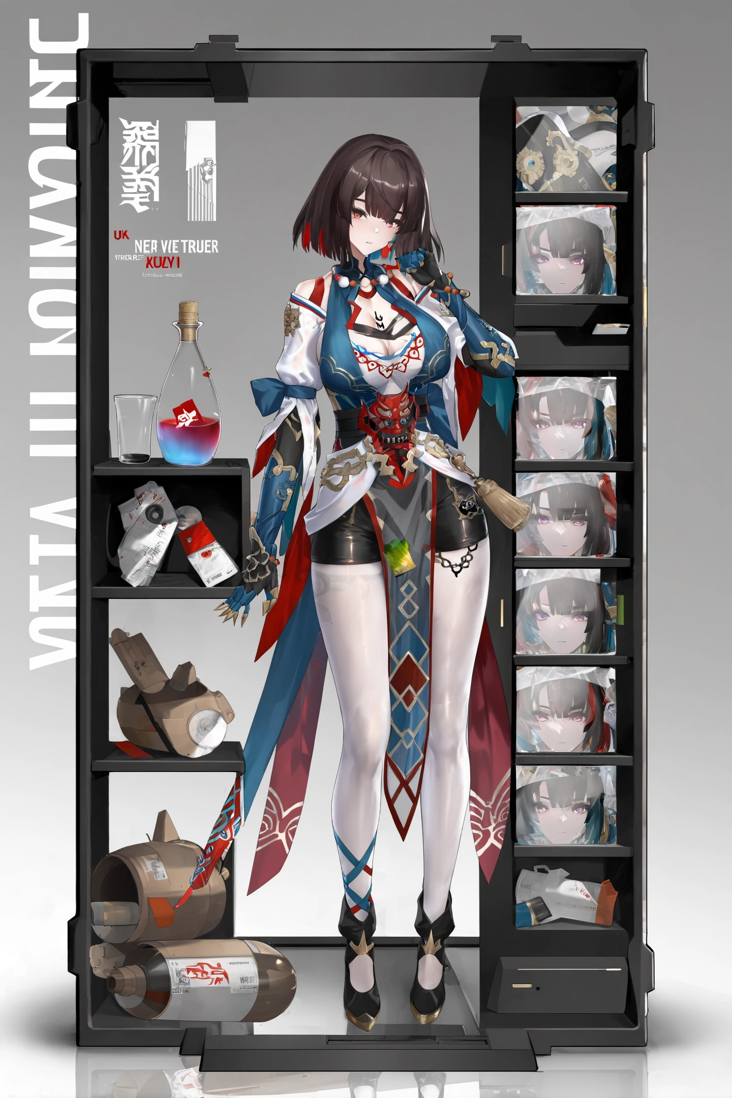 8k, best quality, masterpiece, (ultra-detailed:1.1), (high detailed skin), 
<lora:hanxuere-A3-Tanger-000009:0.8>, xueyi, xueyi's def clothes, 1girl, black footwear, 
<lora:jijia-a3-Tanger:0.8>, jjijia, 2d, anime, 1girl, solo, long hair, breasts, looking at viewer, in container, bangs, cleavage, see-through, standing, hand up, character name, large breasts, grey background, reflection, medium breasts, copyright name, gradient, a glass bottle with a picture of a woman on it, a picture of a girl inside a clear container with a bunch of stuff in it,