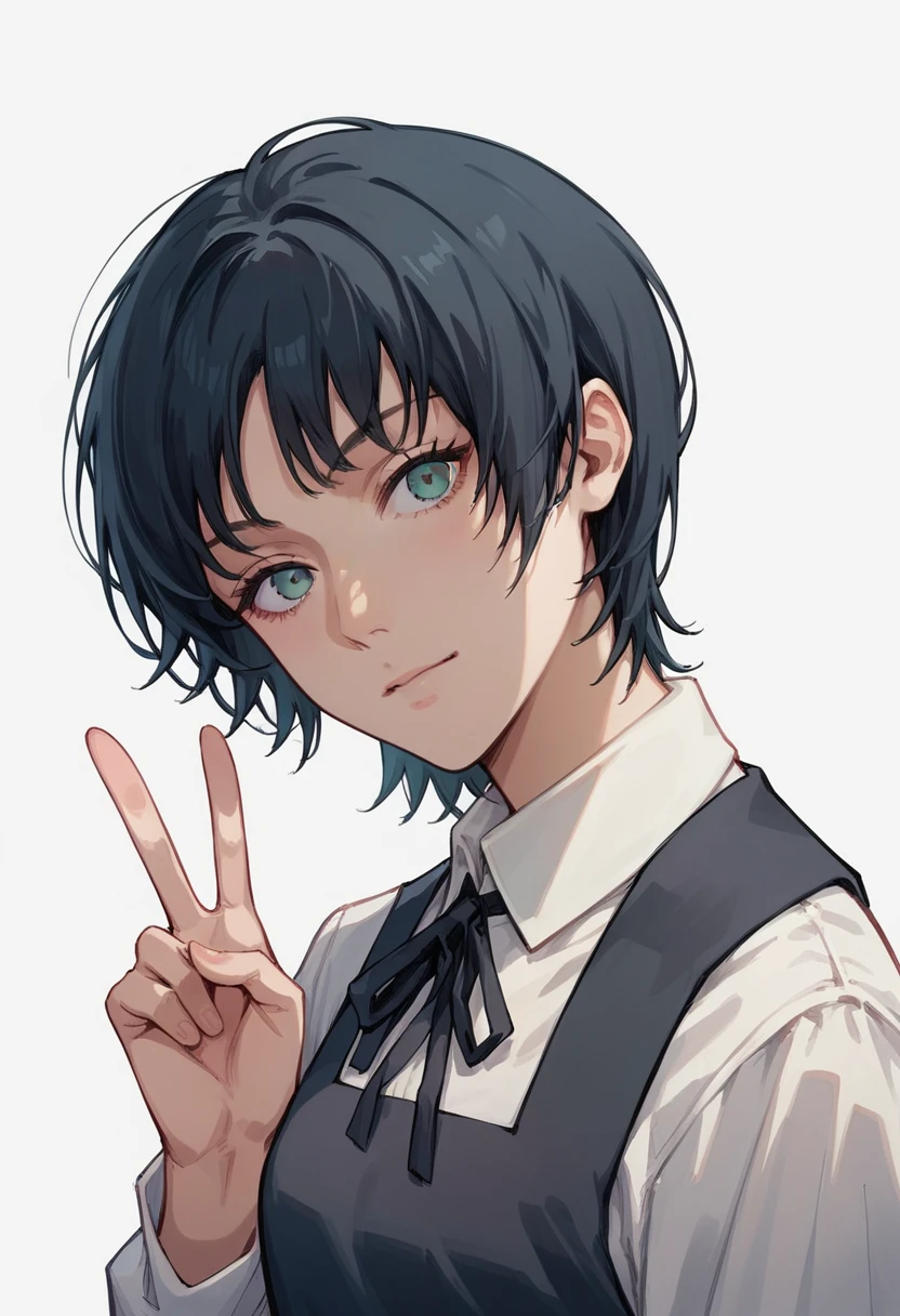 score_9, score_8_up, score_7_up, sayonara_eri, short hair, black pinafore dres, black ribbon, <lora:Eri_Pony:0.7>, anime style, portrait, side view, close-up, looking at viewer, (head tilt:1.2), dutch angle, v sign