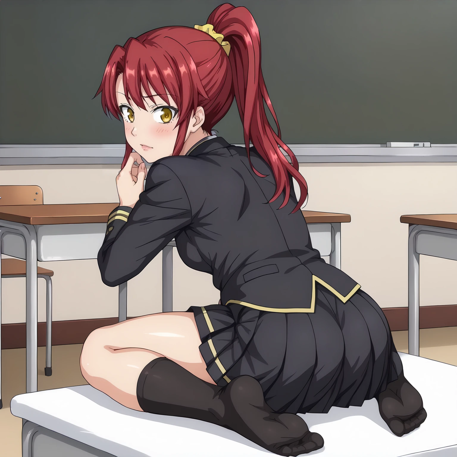 <lora:MisakiShinoharaXLpony001>,
blush,parted lips,
solo,
MisakiShinohara,1girl,crimson hair,ponytail,yellow eyes,
school_uniform,black blazer,
pleated_skirt,black skirt,
black socks,
full body,looking back,sitting,