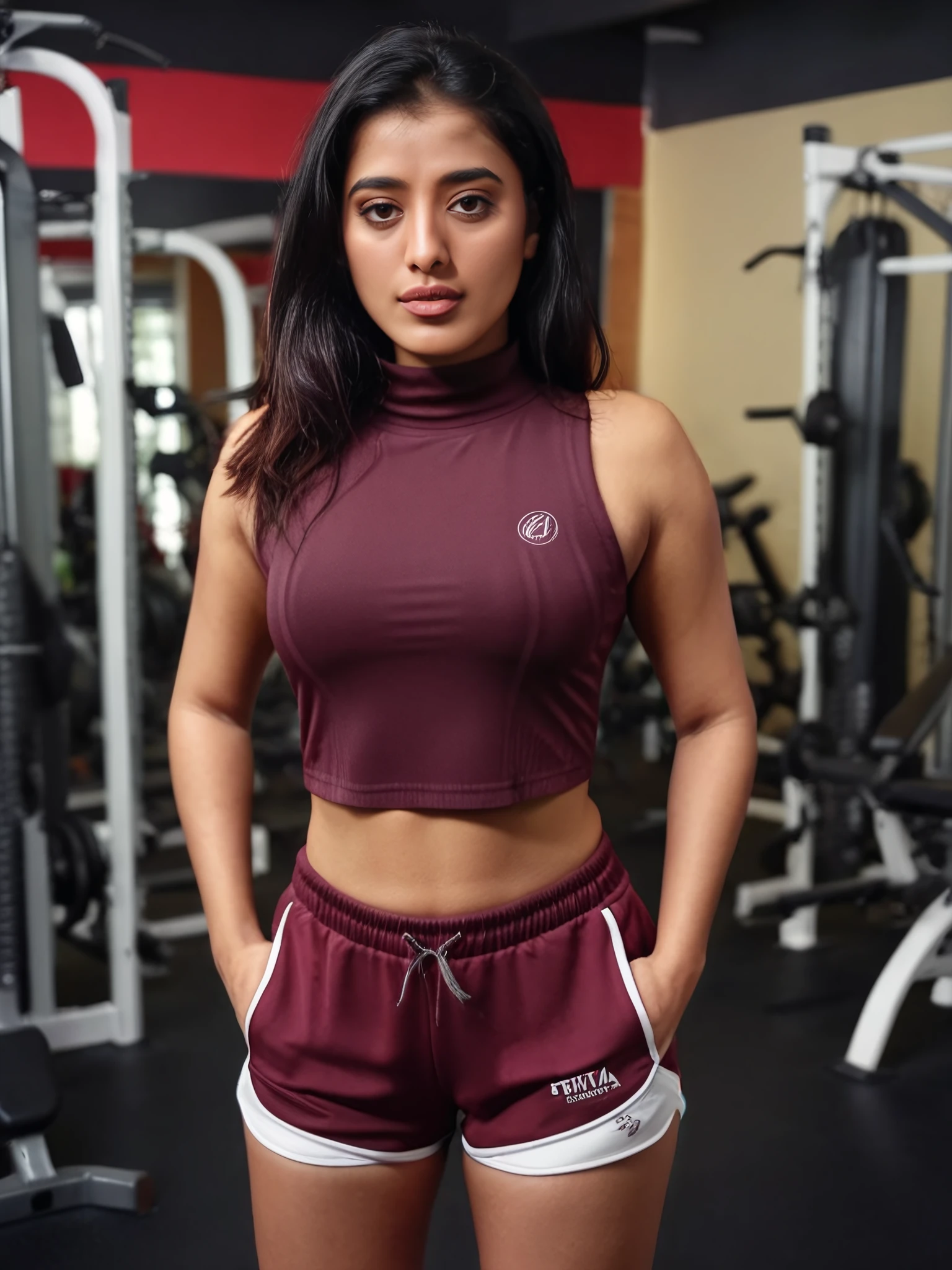 photo of a 30-year-old ketika sharma woman,full body, Maroon modest high neck shirt and gym shorts, looking at camera, , soft lighting, gym in background <lora:Ketika_Sharma_SDXL_LoRA_adafactor:1>