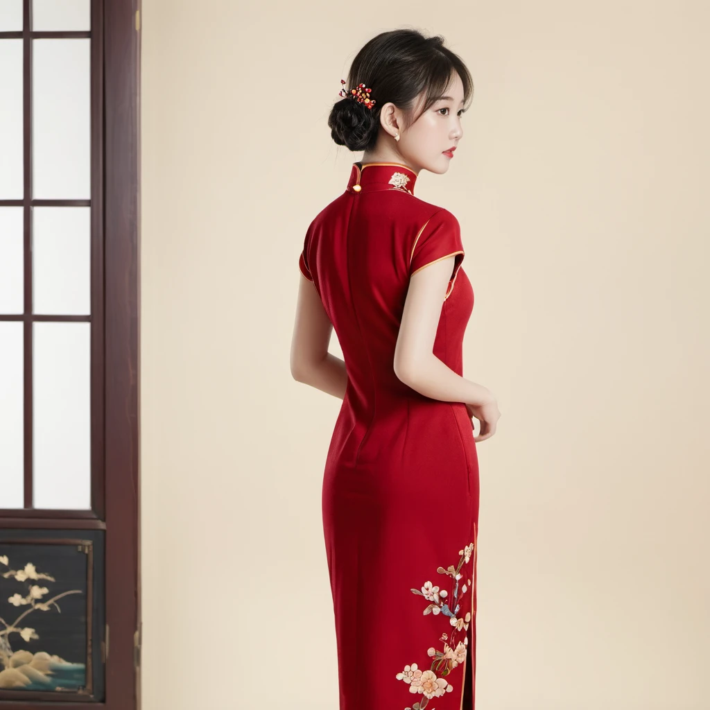 (Solo),from behind, full body, a 20-year-old beautiful idol girl wearing cheongsam, simple background, indoor, standing,