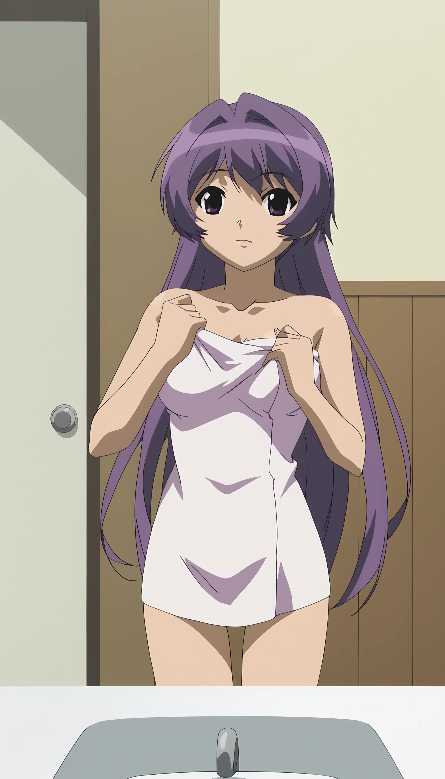 black waist length hair let free, straight to wavy hair, small sized breasts, naked, underwear showing, full body picture, skinny, small ass, anime