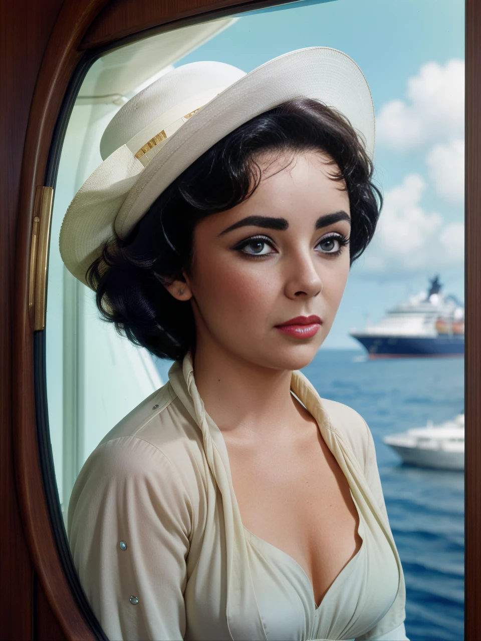intricate photo of elizabethtaylor <lora:ElizabethTaylor:1> as a captain on a big ship , detailed eyes, reflection, 4k, high quality, masterpiece