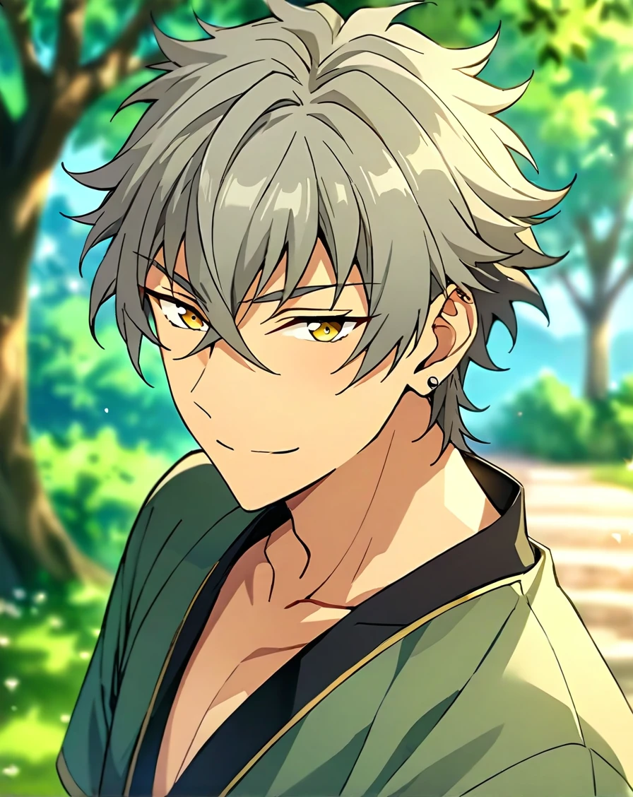 masterpiece, best quality, very aesthetic, absurdres, very detailed, depth of field, blurry background, ((1boy, solo, male only, male focus, upper body, adult)), (oogami_koga, gray hair, yellow eyes, short hair, hair between eyes, bangs, earring on left ear), happy, looking at viewer, facing viewer, collarbone, outdoors, <lora:Lightning-8:1>, <lora:oogami_koga_sdxl_lora:0.74>