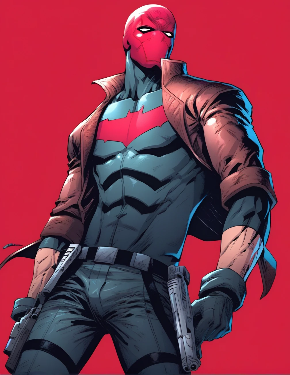 <lora:Jason_Todd:1> score_9, score_8_up, score_7_up, jason todd, solo, simple background, gloves, 1boy, jacket, weapon, male focus, open clothes, black gloves, belt, pants, open jacket, gun, bodysuit, mask, muscular, black pants, abs, pectorals, muscular male, red background, holster, superhero, skinny, waist