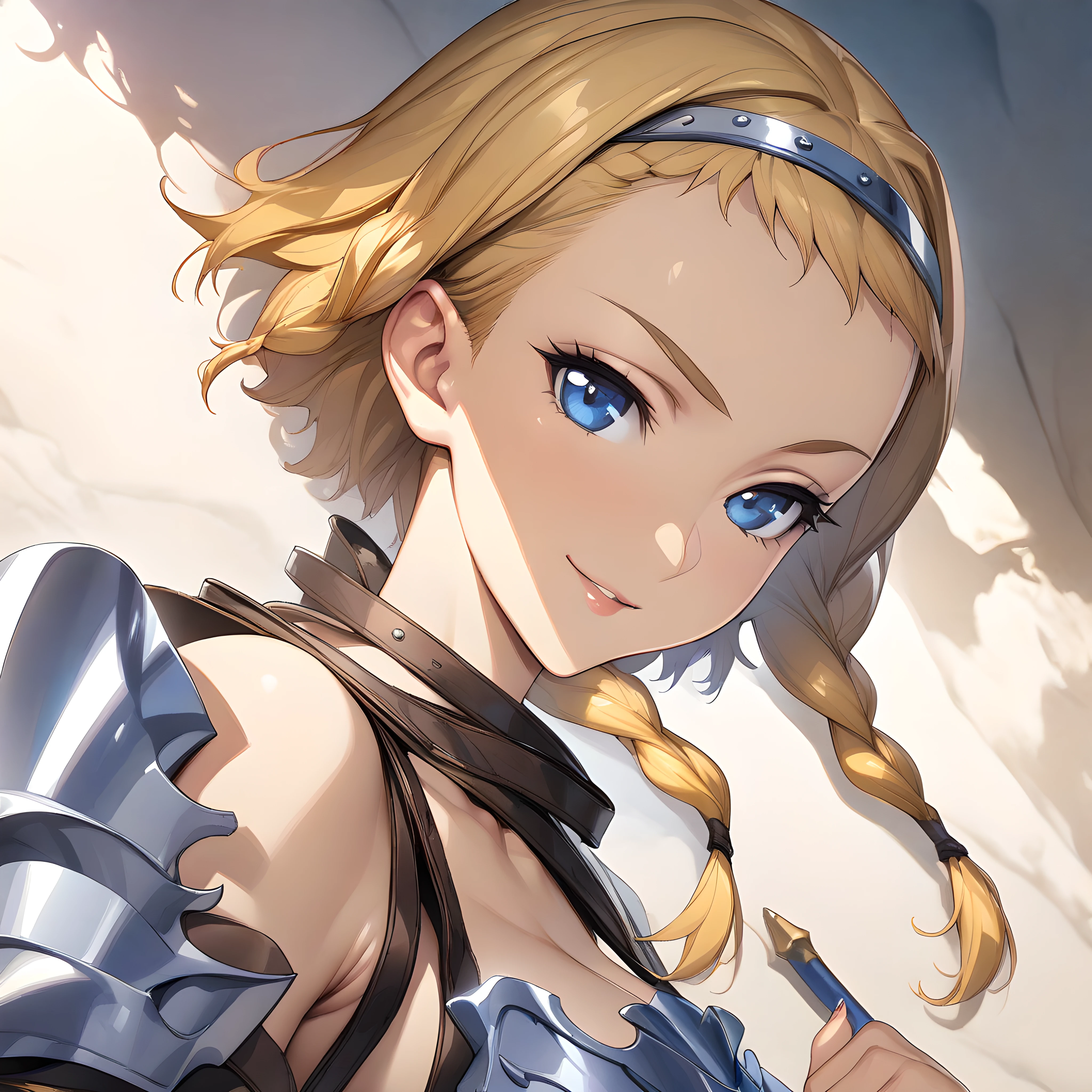 (masterpiece),(best quality),(ultra-detailed),(best illustration),(best shadow),(absurdres),(detailed background),(very aesthetic), leina vance, 1girl, solo, blonde hair, braid, blue eyes, short hair with long locks, portrait, very close-up, seductive smile, armor, <lora:XL-LeinaVance:1>