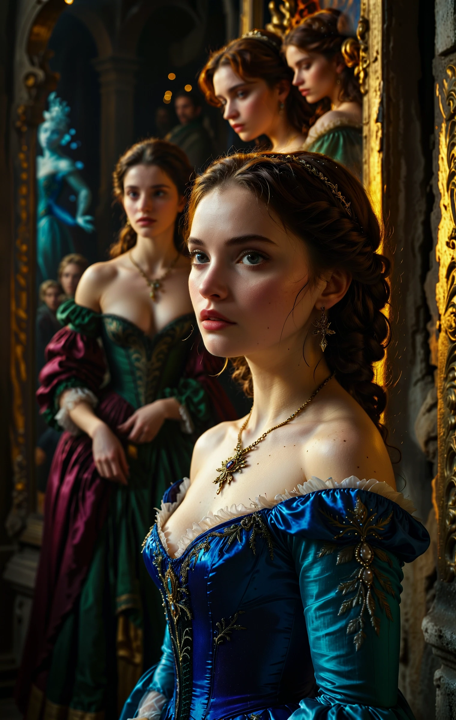 imagine, dream of, cinematic photo cinematic film still baroque art by Guercino, Painting, Macho (Anna from Frozen of Structure:1.2) being looked at by a group of Hyper-Creative Females, Italian Baroque, dynamic compositions, dramatic lighting, emotional intensity, soft chiaroscuro, A captivating painting by Guercino showcases Anna from Frozen in a vibrant baroque style, surrounded by several admiring women who marvel at its intricate details. The artwork is richly detailed, with bold colors and striking contrasts that bring out the depth and emotion of the scene. The . shallow depth of field, vignette, highly detailed, high budget, bokeh, cinemascope, moody, epic, gorgeous, film grain, grainy . 35mm photograph, film, bokeh, professional, 4k, highly detailed