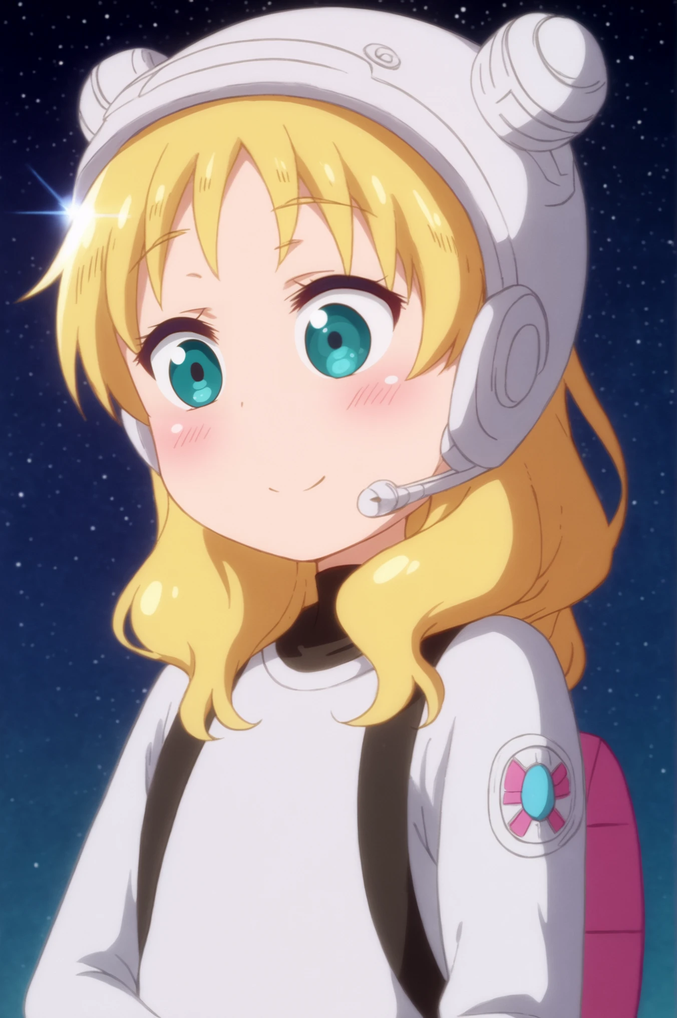 <lora:Chloe:0.8> Chloe, 1girl, solo, long_hair, blush, smile, gloves, upper_body, hair_bun, double_bun, helmet, space, spacesuit, astronaut <lora:sdxl_lightning_4step_lora:1>