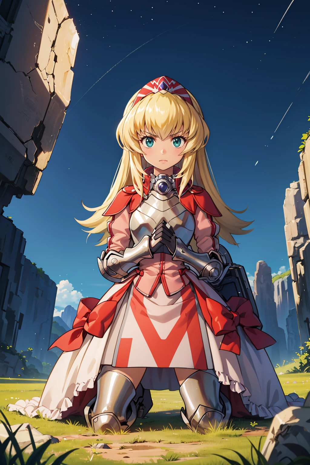 masterpiece, best quality, 1girl, <lora:alexia-nvwls-v1-000009:0.8> fenAlexia, hair ornament, gauntlets, armored dress, red bow, black gloves, serious, clenched hands, kneeling, field, night, rock formations