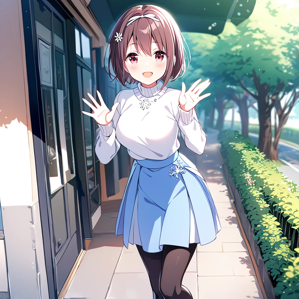 masterpiece,ibukinagisa,1girl,solo,ibukcasual hairband,ibukcasualset sweater,ibukcasualset skirt,smile,waving,black pantyhose,looking at viewer,standing,open mouth,full body,blush,black shoes,<lora:ibukinagisa:0.8>,outdoor,