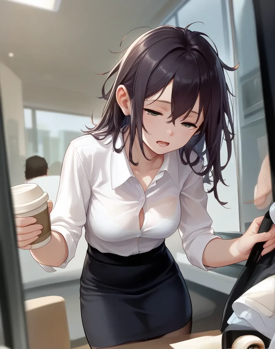 score_9,score_8_up,score_7_up,score_6_up, 1girl, coffee cup, messy hair, half-closed eyes, dress shirt, open mouth, office lady, wiping tears, 
<lora:akifn_style_pony6_v4-000034:.8>,