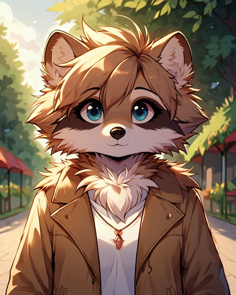 score 9, score 8 up, 1girl, masterpiece, <lora:MegaFluffyPonyV2:1> megafluffypony, fluffy, furry, Raccoon, medium shot, outdoors, clothes