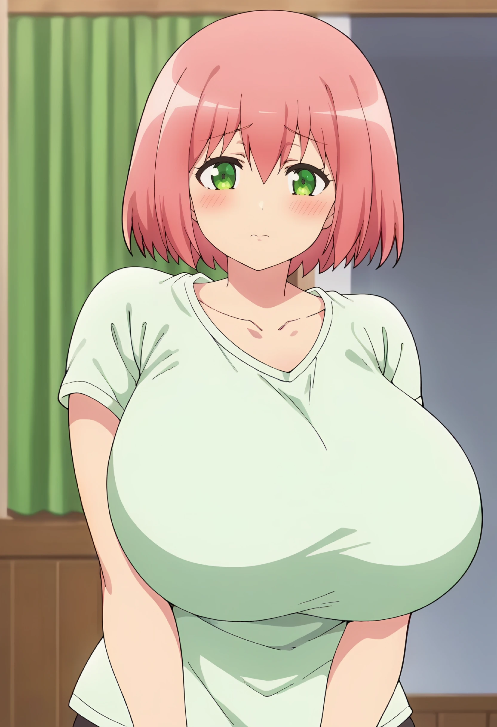 <lora:epoch-000010:0.9> hanabata nohkins, pink hair, short hair, blush,  1girl, green eyes, solo, hair between eyes, huge breasts,      short sleeves, indoors,blurry, collarbone, , white shirt, looking at viewer, score_9, score_7_up,anime coloring ,source_anime, anime