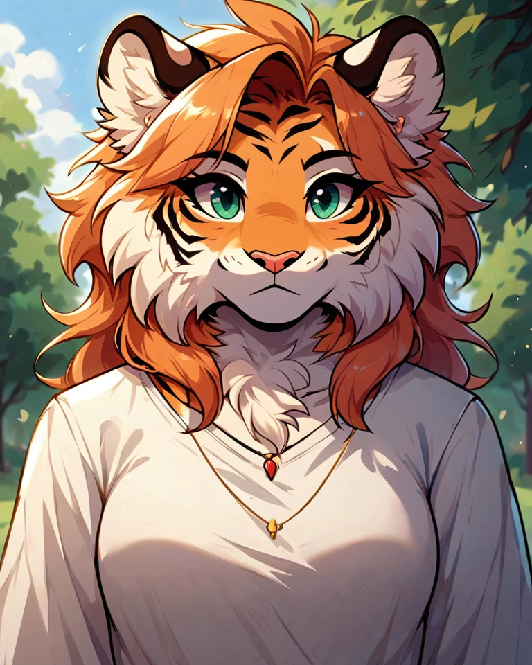 score 9, score 8 up, 1girl, masterpiece, <lora:MegaFluffyPonyV2:1> megafluffypony, fluffy, furry, Tiger, medium shot, outdoors, clothes