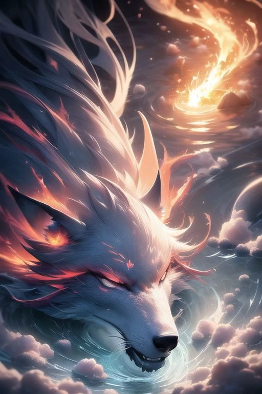 Elemental, <lora:Elemental:1.5>, celestial wolf, conceptual art, breathtaking background, [fire, lava water, air, earth, ice],