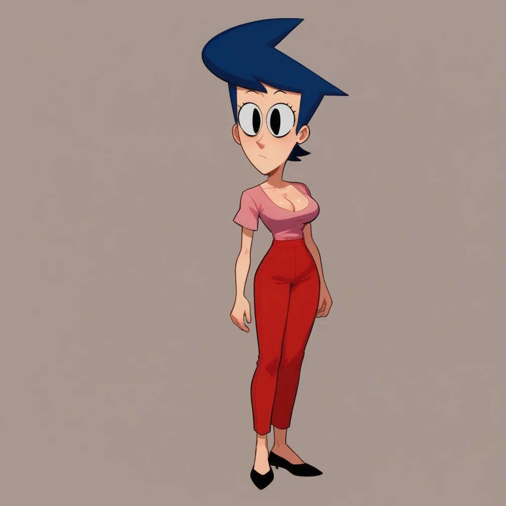score_9_up, BREAK, source_cartoon, Darla, 1girl, solo, blue hair, black eyes, <lora:Darla_GetBlake_PXL_Leaf1:1>, pink shirt, cleavage, red pants, black flats, full body, standing,