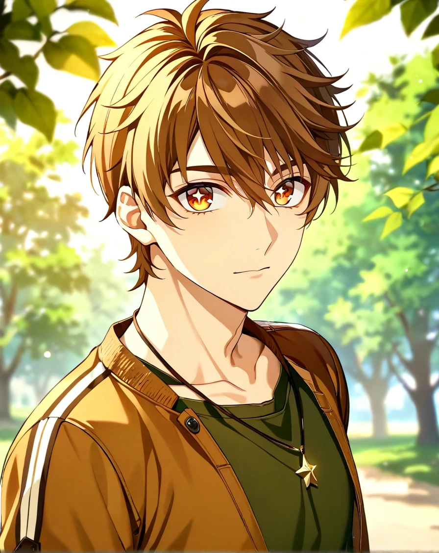 masterpiece, best quality, very aesthetic, absurdres, very detailed, depth of field, ((1boy, solo, male only, male focus, upperbody)), (luke_pearce, 1boy, brown hair, amber eyes, short hair, hair between eyes, bangs), symbol-shaped pupils, star-shaped pupils, looking at viewer, facing viewer, green shirt, brown jacket, pendant, collarbone, outdoors, <lora:luke_sdxl_lora:0.74>, <lora:Lightning-8:1>