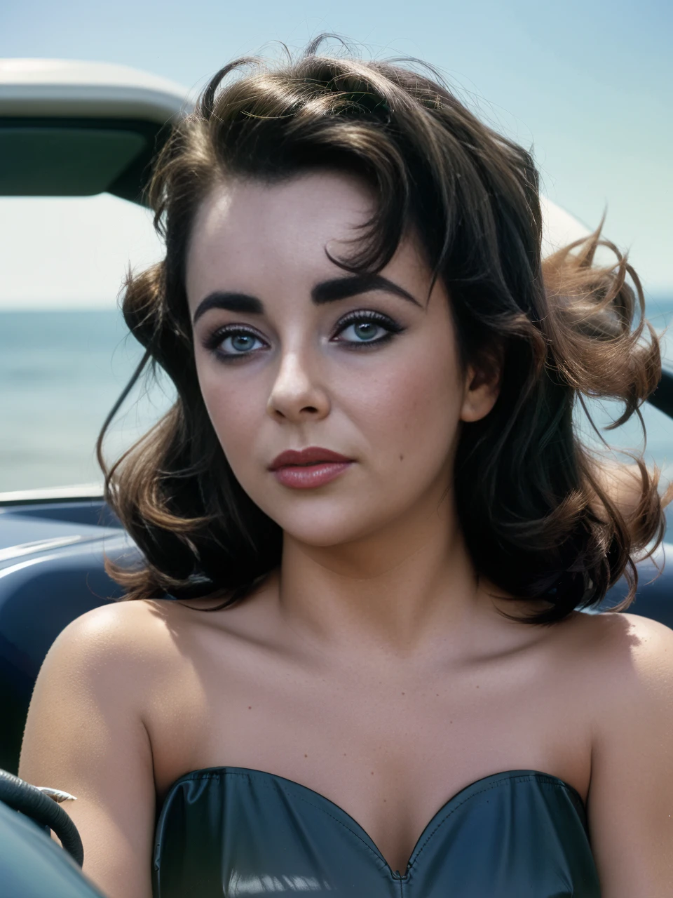 intricate photo of elizabethtaylor <lora:ElizabethTaylor:1> driving a red sportscar , detailed eyes, watercraft, 4k, high quality, masterpiece