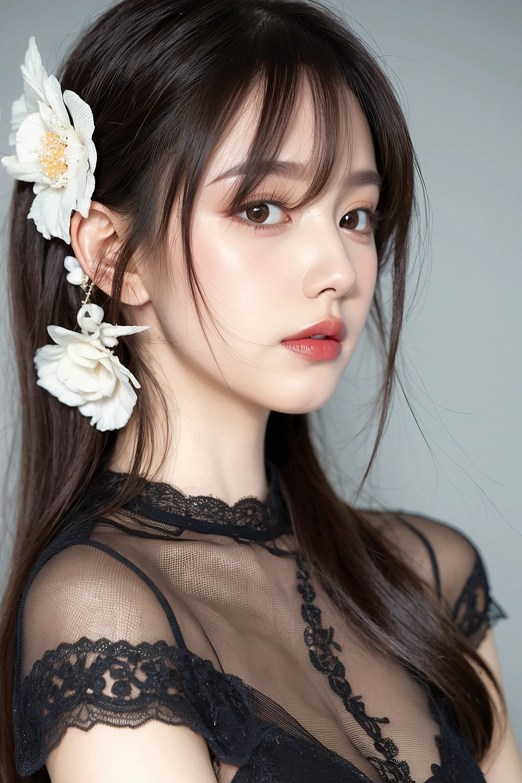 1girl,portrait, looking at viewer, blur background,
high necked lace top, black lace,
simple background, frontlight, side light,, 1girl,portrait, looking at viewer, blur background,
high necked lace top, black lace,
simple background, frontlight, side light,