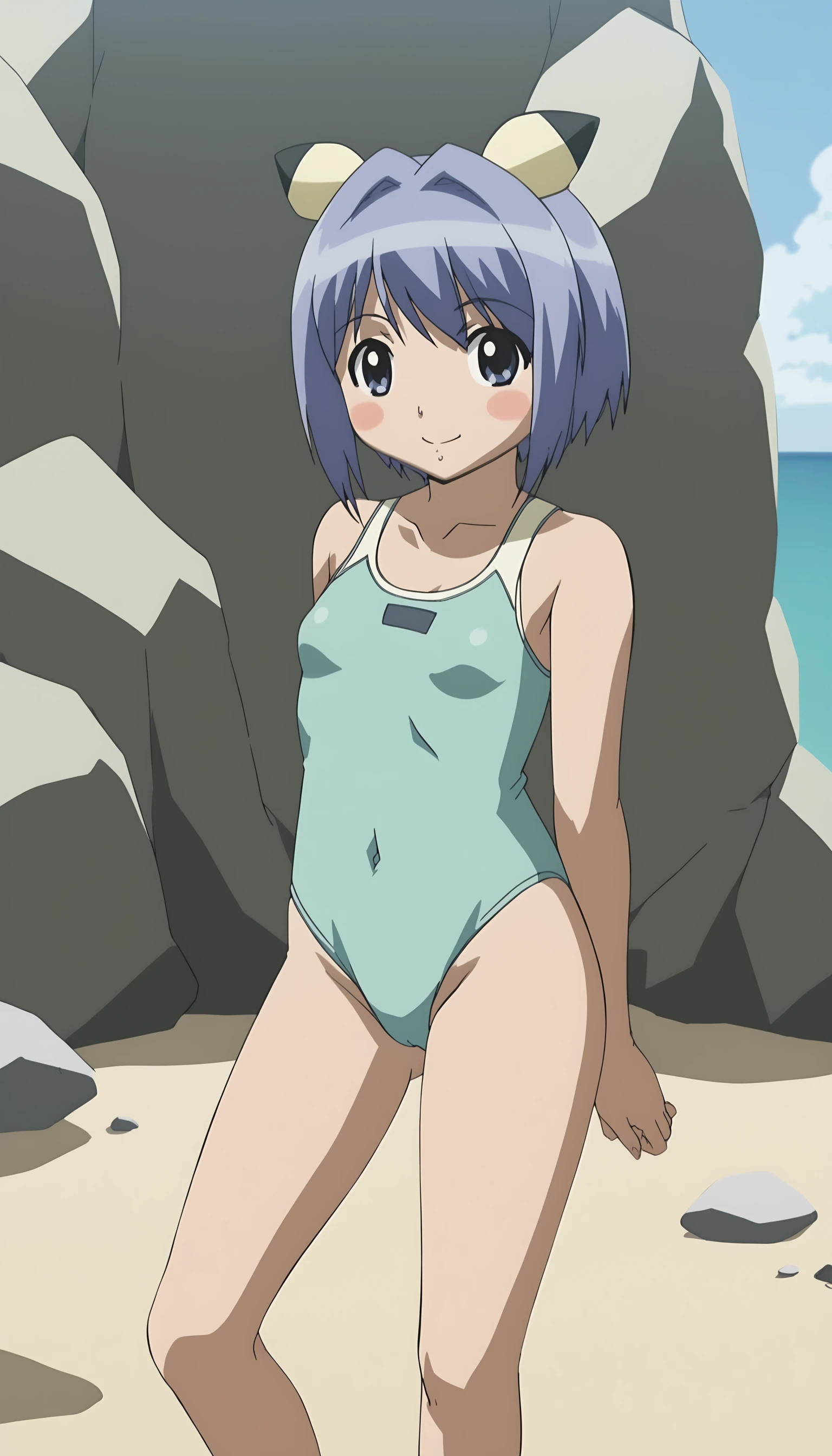 score_9, source_anime BREAK, oldest, anime screencap, outdoors, beach, ocean, rocks, sun, paisage, distance_ocean, leaning, leaning on wall, day, sunlight, <lora:Fuyuno Yoshikawa(pony)-11:1>FuyunoYoshikawa, short hair, blue hair, animal ears, pikachu ears, , hair ornament, hair intakes, blush stickers,
one-piece swimsuit, turquoise swimsuit, chibi, looking at viewer, small breasts, smile, convenient censoring,