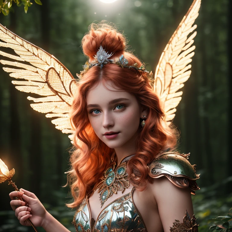 ((high details, high quality)), ((photo:1.2)), (best quality, masterpiece, colorful, highest detailed) upper body photo, fashion photography of cute (1 young cute fire fairy), french bob copper hair, silver eyes, in high detailed copper light armor, (reflective, intricated), big detailed fire wings, symmetrical wings, chromatic aberration, colorful, bright colors, (ultra-detailed body), (light smile:0.3), moonlight passing through hair, (enchanted forest background:1.3), (intricate details), (dynamic angle), 8k QHD