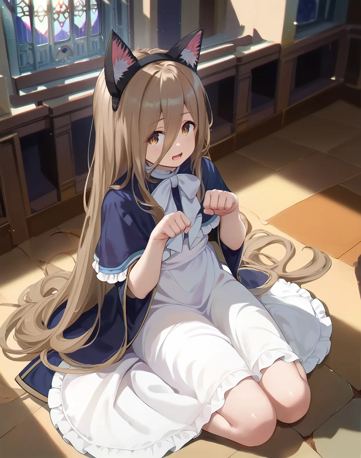 score_9, score_8_up, score_7_up, score_9,score_8_up,score_7_up,score_6_up, 1girl sitting on floor, paw pose, open mouth, (fake:1.1) cat ears, lens flare, castle, window
<lora:akifn_style_pony6_v4:1>, <lora:sense_sousou no frieren_PONY_last:0.6> sense \(sousou no frieren\),brown eyes,very long hair,absurdly long hair,hair between eyes,eyes visible through hair, blue capelet,frilled dress,white long dress