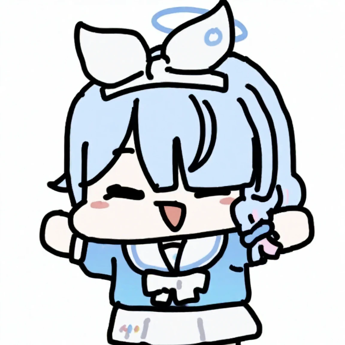 <lora:sechi:1>,1girl,arona \(blue archive\),solo,white sailor collar,shirt,halo,sailor collar,white background,long sleeves,skirt,blue shirt,open mouth,braid,white skirt,simple background,closed eyes,blush stickers,hairband,bangs,bow,outstretched arms,single braid,white bow,school uniform,smile,white hairband,ribbon,xd,blue hair,arms up,white ribbon,bow hairband,hair ribbon,, masterpiece,newest,absurdres,safe,