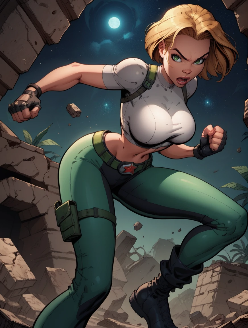 score_9, score_8_up, score_7_up,score_6_up, score_5_up, score_4_up , 1girl, solo,
large breasts, 
AchaseDG,
hort hair, blonde hair, green eyes, 
white shirt, black gloves, crop top, green and black pants, belt, fingerless gloves,
skin_tight, 
from below, 
jungle,night, starry sky,  light particles, rubble, 
clenched hands, leaning forward, fighting stance, 
looking at viewer, open mouth,
black footwear, 
<lora:AbbyChase DG PonyXL V1:0.90>