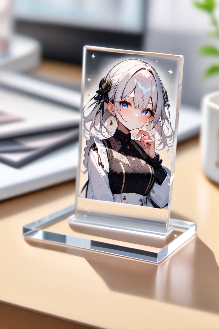 best quality, very aesthetic, absurdres,  <lora:AcrylicStandXLv2:1> (acrylic stand),acrylic tile,upper body,