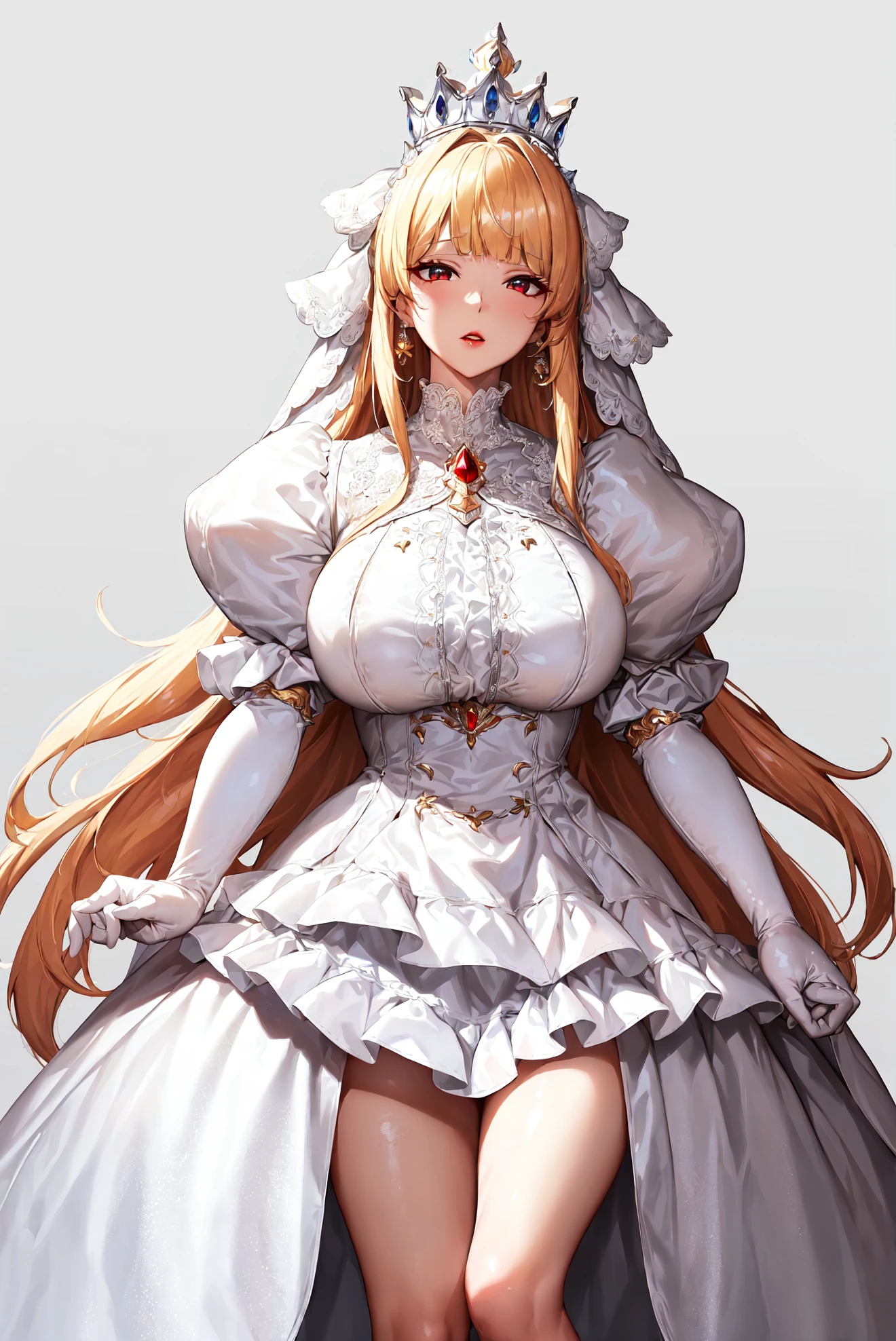 masterpiece, best quality, wallpaper, 8k, pixiv, (standing, fullshot:1.2), (temptation: 1.2),
((solo), 1milf, thigh, breast, pale skin, shiny skin, erotic lips, red lips,
ennui:1.1), 
(blonde hair: 1.2), ((crown): 1.2), (shiny hair, blunt bangs, hair over one eyes: 1.1),
tsurime, red eye,
BREAK,
(wedding dress, white dress, over skirt, jewelry, earrings, juliet sleeves, long sleeves, long gloves, white cape, lace, frill, white ribbon, white thigh high thights: 1.2), (shiny white satin,: 1.2),
BREAK,
(white background: 1.3),  <lora:WeddingDress_Ver_SD1.5:0.8>