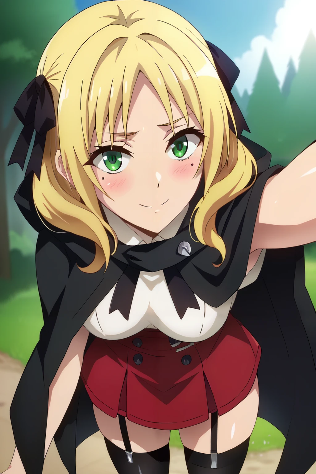 score_9, score_8_up, score_7_up, source_anime, 1girl, zPDXL2, hara \(harayutaka\),  <lora:Esther_Rosenthal-10:1>, esther_wz,  long hair, blonde hair, twintails, green eyes, medium breasts, black cloak, black thighhighs, black ribbon, skirt, hair ribbon, hooded cloak, garter straps, zettai ryouiki, red skirt, mole under eye, underbust, pov, selfie, outdoors, nature, day, v<lora:sd_xl_dpo_lora_v1:1>