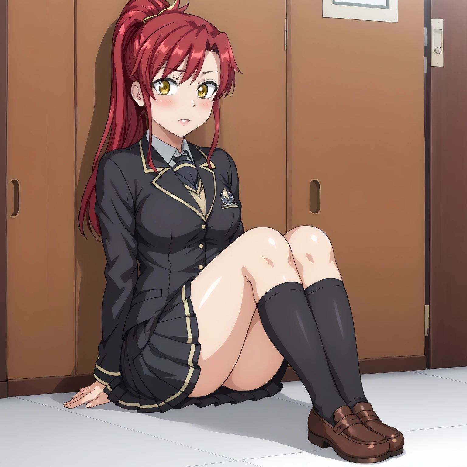 <lora:MisakiShinoharaXLpony001>,
blush,parted lips,
solo,
MisakiShinohara,1girl,crimson hair,ponytail,yellow eyes,
school_uniform,black blazer,
pleated_skirt,black skirt,
black socks,
full body,sitting,