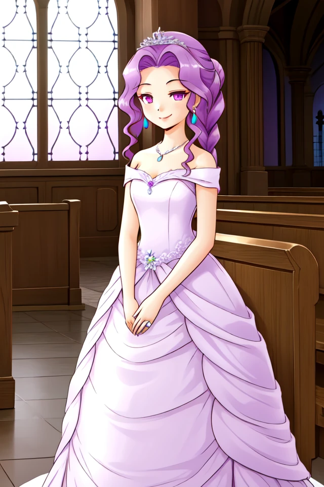 1 girl, indoors, church, standing, smile,
 <lora:Harvest_Moon_Hero_of_Leaf_Valley_-_Marina:0.5> holvmarina, purple hair, long hair, wavy hair, braided ponytail, purple eyes,
tiara, wedding dress, purple dress, bare shoulders, sleeveless dress, necklace, earring,