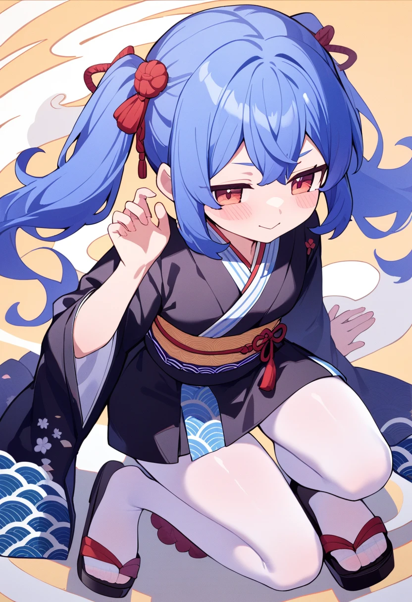 (((Ultra-HD-quality-details, relaxed))) emphasized-details:2, (((1girl-is-wearing-traditional-asian-costume-"Shiwarai"))), dangerous-physique, (((royal-blue-hair-having-white-streaked-hair))), melon22