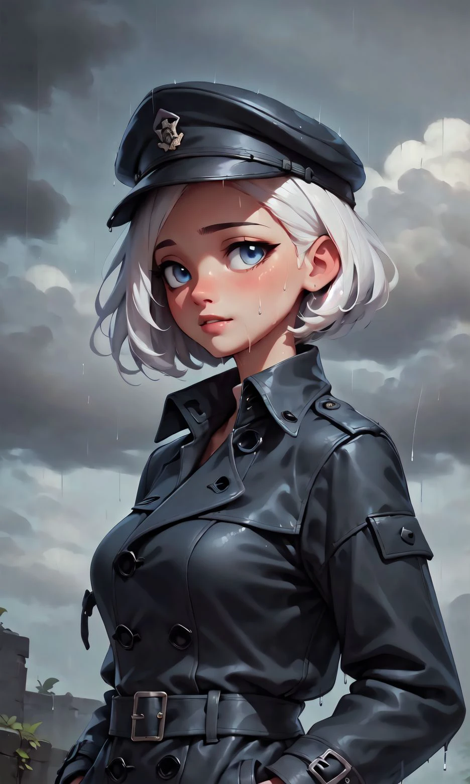 1girl, upper body, white hair, short hair, undercut, blue eyes, black peaked cap, black military uniform, black trench coat, long trench coat, wet clothes, (hands in pockets), (heavy rain, rainy, cloudy sky), standing,