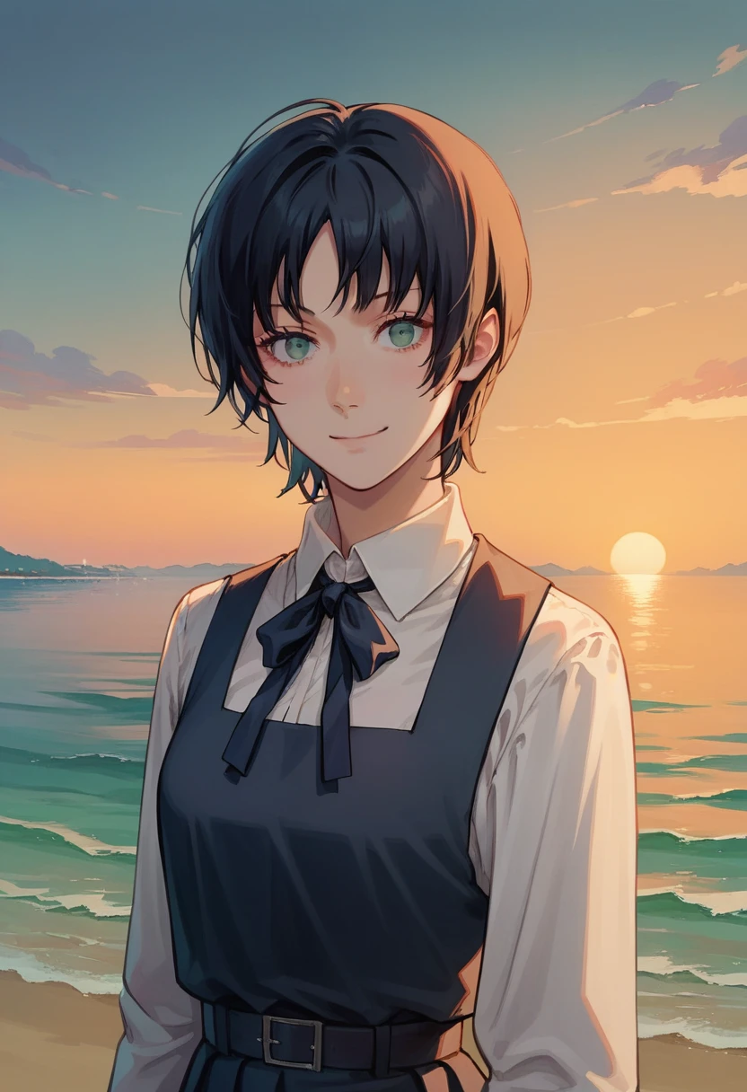 score_9, score_8_up, score_7_up, dynamic lighting, (detailed image, high resolution, 5k resolution:1.0), , sayonara_eri, short hair, black pinafore dres, black ribbon, anime style, <lora:Eri_Pony:0.7>, smile, sunset, sea