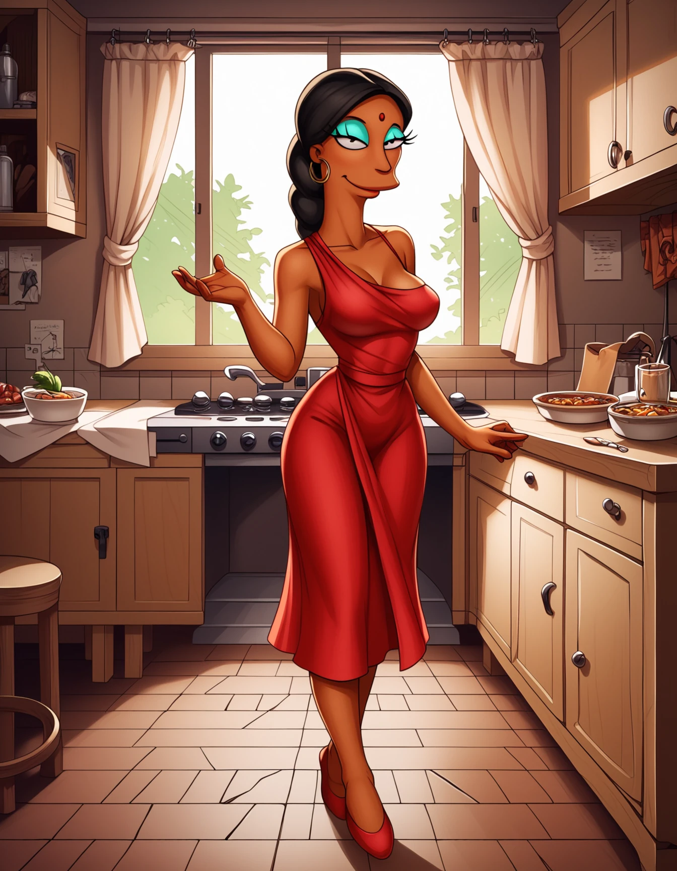 score_9, score_8_up, score_7_up, score_6_up, score_5_up, score_4_up,  
source: illustration,Manjula,Simpsons, expressive, full body,seductive, beautiful,wearing a red indian dress, pretty,at a kitchen inside,black hair,brown fur, highly detailed, intricate details, digital art, perfect anatomy, perfect proportions, 4k, (dynamic pose:1.25),