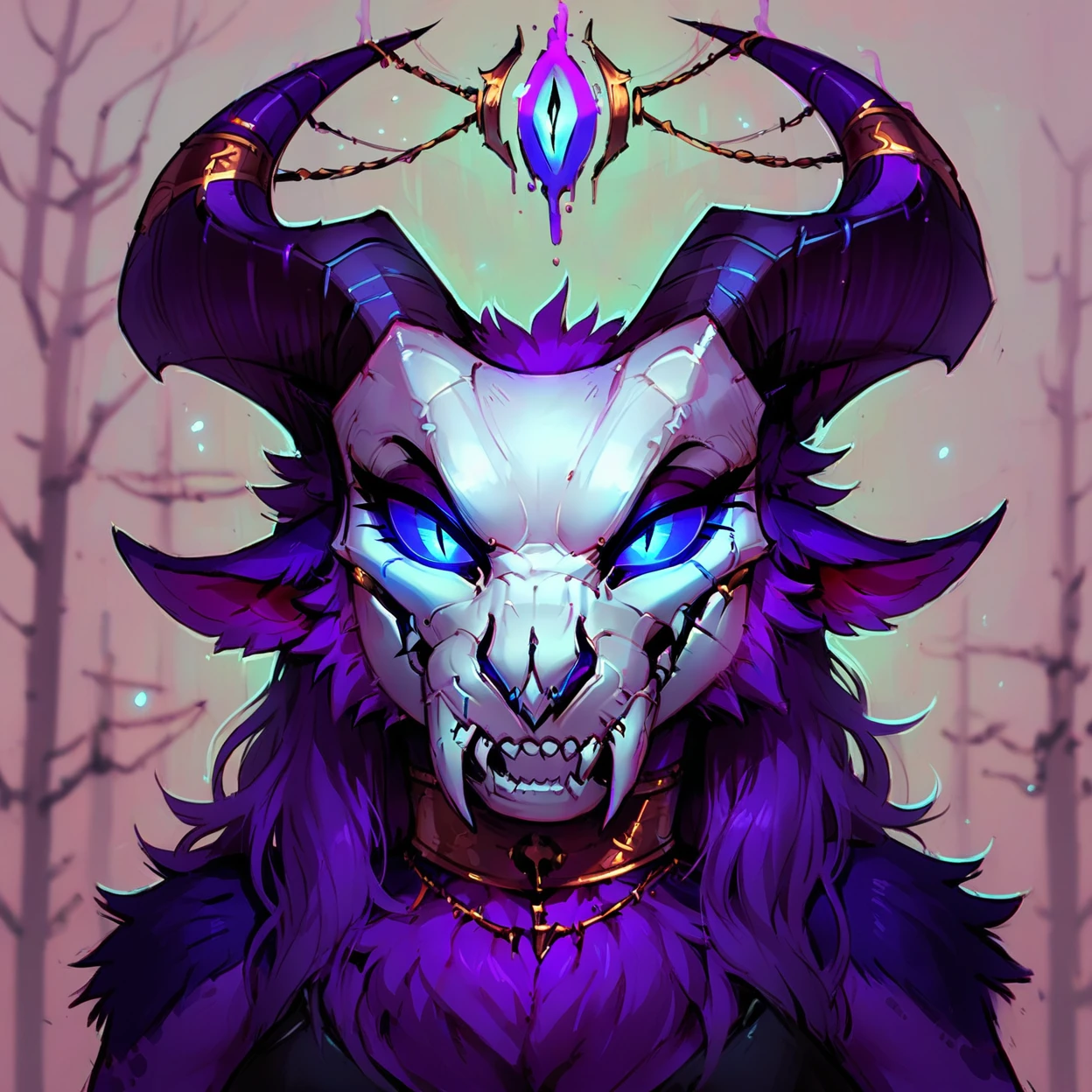 <lora:calypsoxl:0.9>, calypsoxl, 1girl, solo, face closeup, headshot, demon, succubus, (white skull mask:1.2), detailed eyes, smile, beautiful, purple fur, bedroom eyes, (cute face:1.1), ornate horns, (sigil connected by lace between horns), armlet, blue eyes, animal ears, at night, (simple green and blue forest background:1.1), outdoors, trees, dark atmosphere, bioluminescent, claws, depth of field, low angle, gothic, at night
score_9, score_8_up, score_7_up,  <lora:g0th1cPXL:0.6>,  <lora:incase_v14:0.3>, <lora:n30nc4tXLP:0.3>