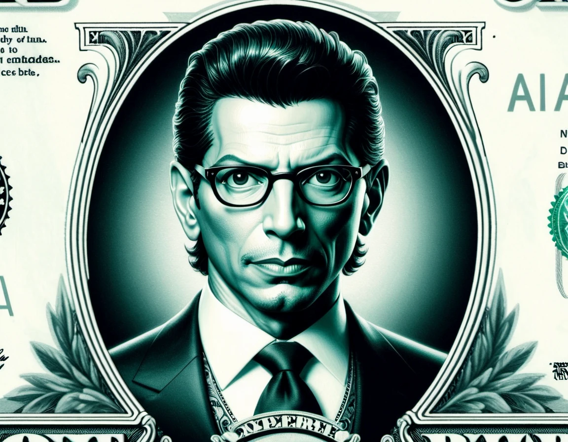 DollaBill, digital painting of Jeff Goldblum, wearing a suit and tie, framed by an ornate border, on top of a $ 100 bill. watermark. pg13 _ rating