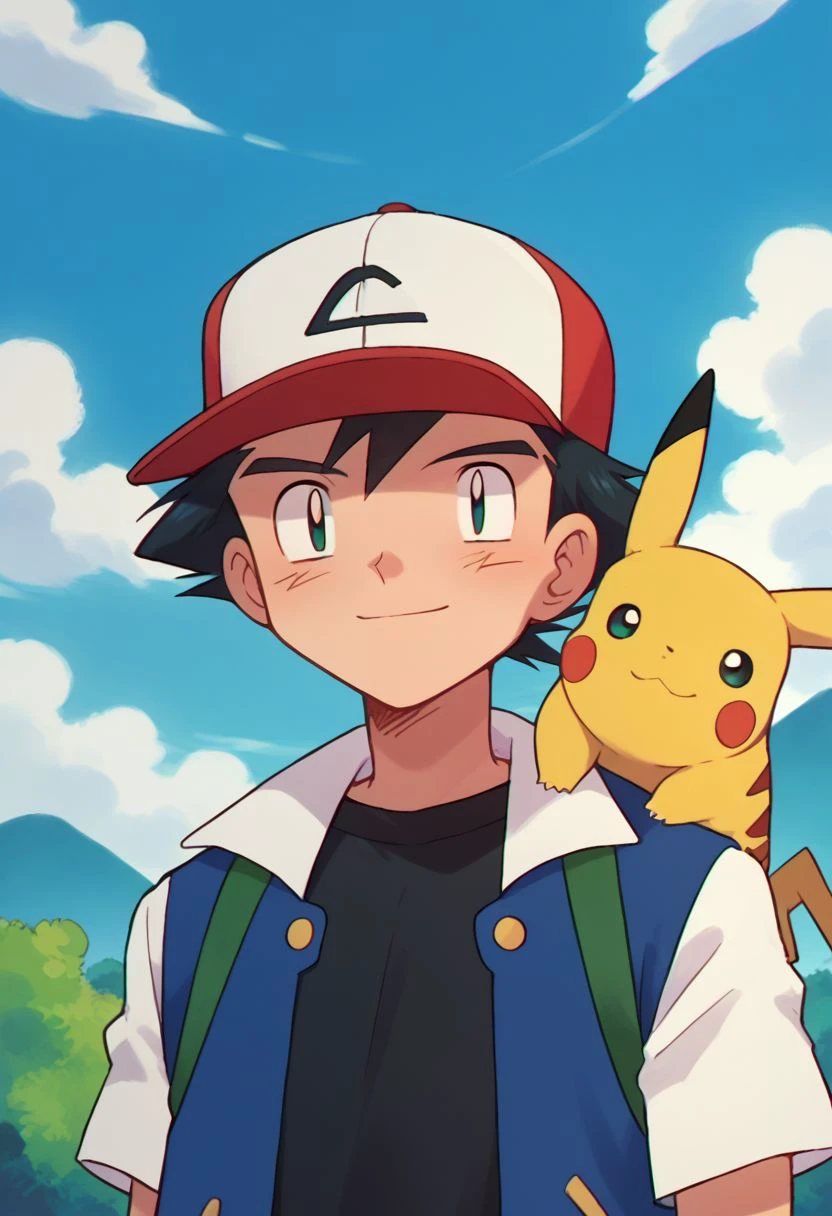 score_9, score_8_up, source_anime, highly detailed, 1boy, solo, skinny
ash3, 1boy, pokemon (creature), hat, male focus, baseball cap, black hair, day, on shoulder, jacket, shirt, black shirt, sky, pokemon on shoulder, smile,
outdoor,