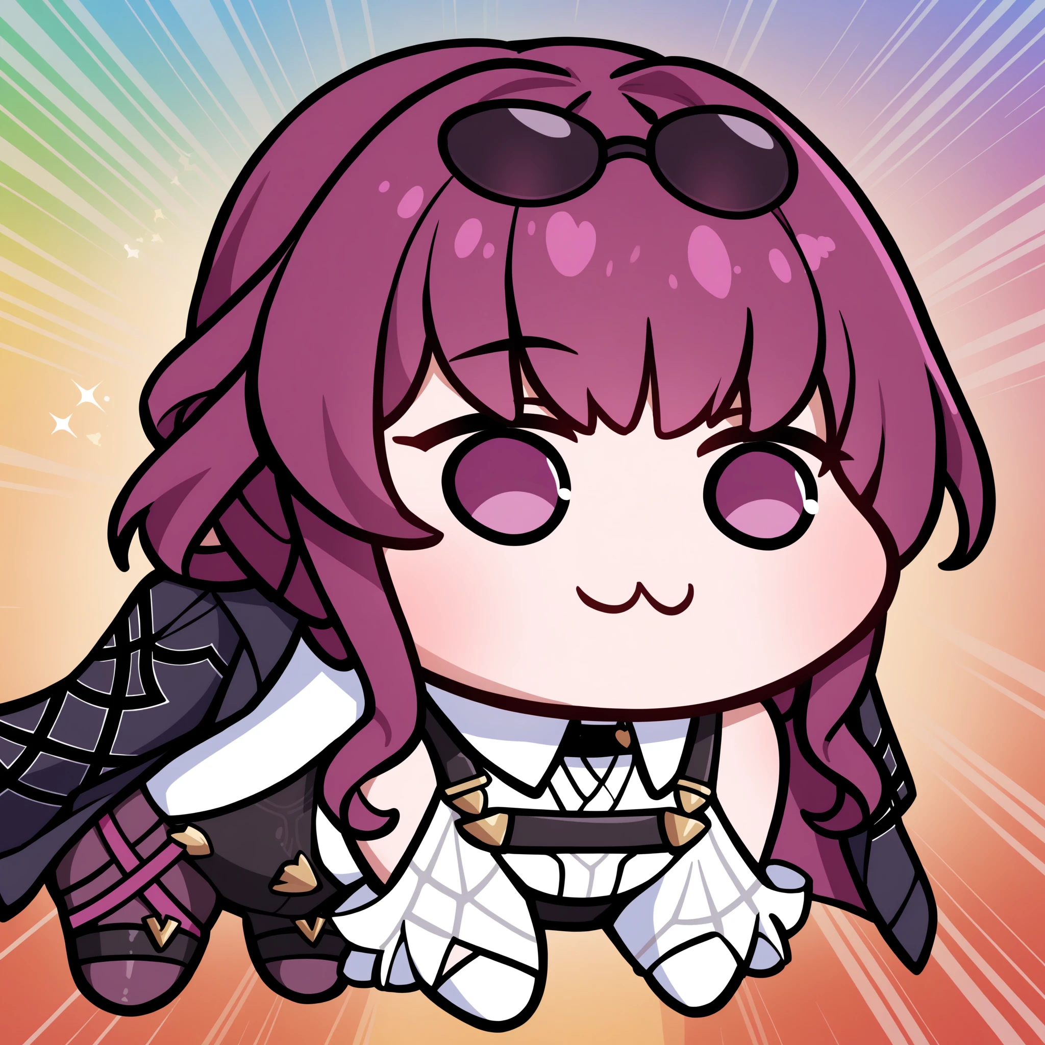 1girl, kafka, purple eyes, bangs, eyewear on head, collared white shirt, long sleeves, jacket on shoulders, purple gloves, black jacket, purple pantyhose, black shorts, criss-cross straps, doro, creature, \:3, chibi, no humans, white skin, four legs, solid circle eyes, no pupils, (all fours:1.2), sparkle, rainbow, sunburst background, masterpiece, best quality, <lora:Kafka_Animagine:0.8>, <lora:doro_xypher_amxl_v1:1.2>,