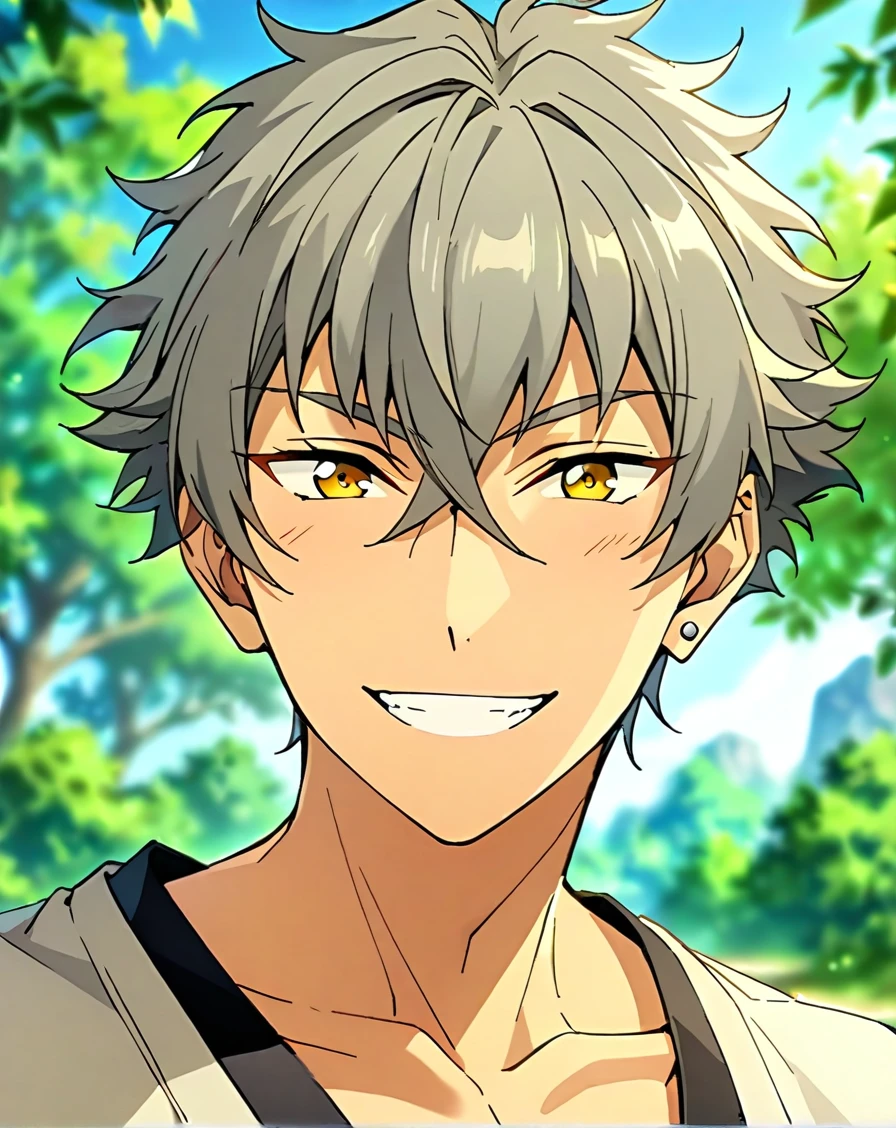 masterpiece, best quality, very aesthetic, absurdres, very detailed, depth of field, blurry background, ((1boy, solo, male only, male focus, upper body, adult)), (oogami_koga, gray hair, yellow eyes, short hair, hair between eyes, bangs, earring on left ear), happy, looking at viewer, facing viewer, collarbone, outdoors, <lora:Lightning-8:1>, <lora:oogami_koga_sdxl_lora:0.74>