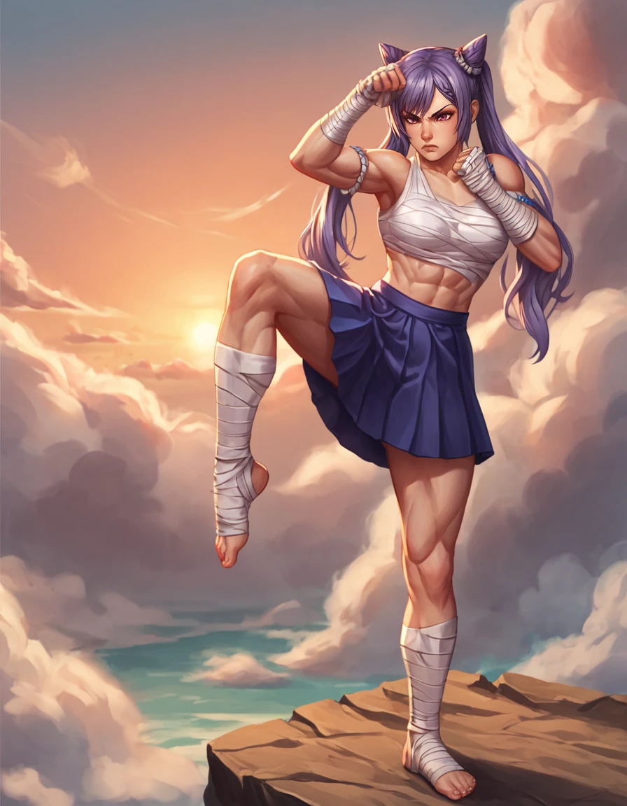score_9, score_8_up, score_7_up,
source_anime,
keqing, 1girl, muscular,
ankle wrap, arm wrap, bandaged arm, bandaged hand, bandaged head, bandaged leg, bandaged neck, bandages,
bandaged chest, sarachi,skirt,
teep fighting stance,martial arts,
a top a cliff,
above clouds,
clouds background,sunset,scenery,
<lora:muay_thai_teep:0.8>