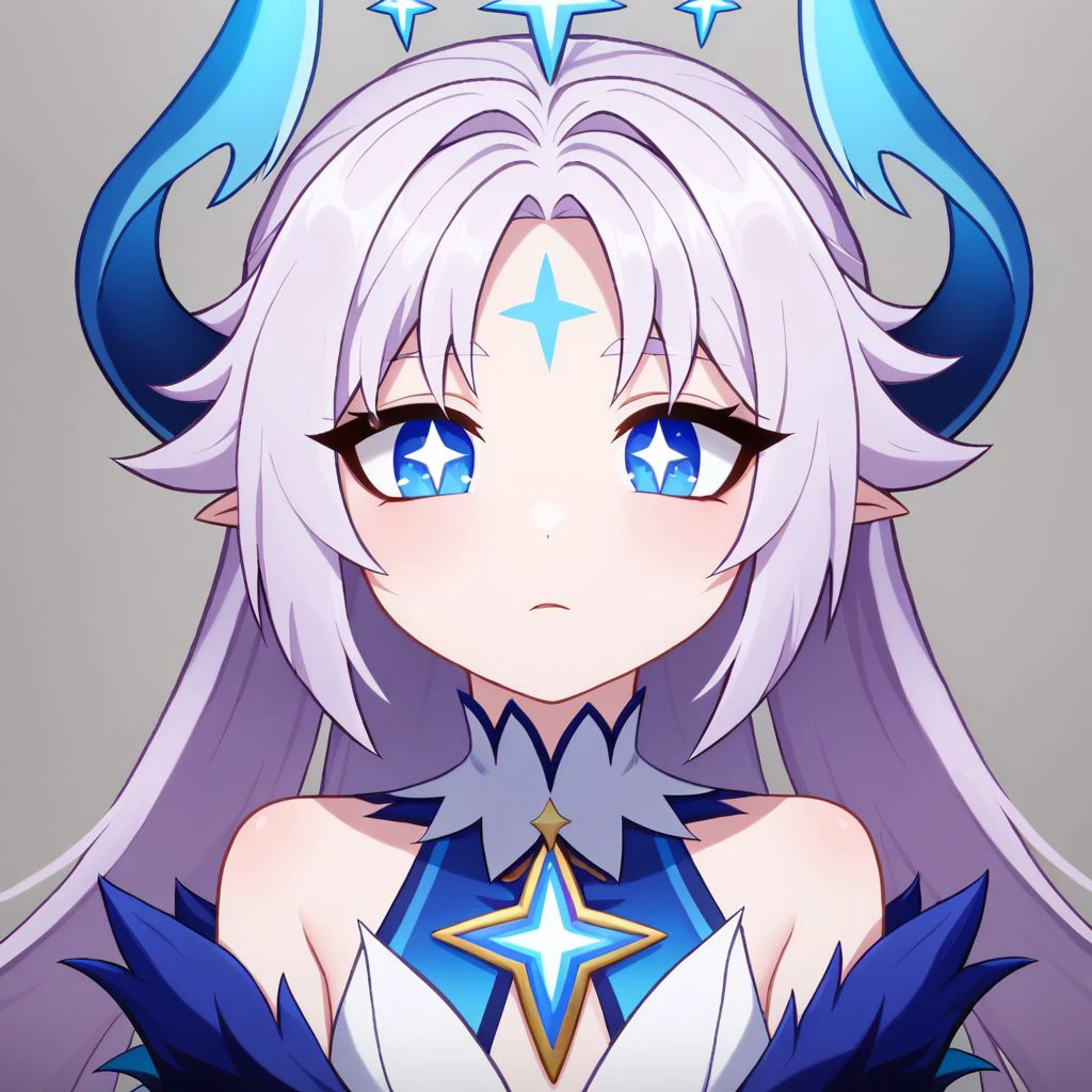 luciela r. sourcream, ishtar \(elsword\), (((datou))), blue horns, forehead, forehead mark, parted bangs, star-shaped pupils, ,upper body