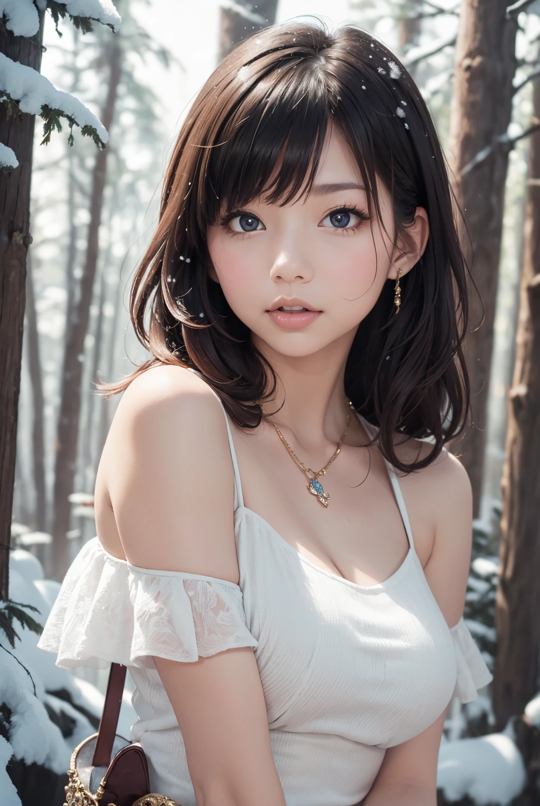 (masterpiece:1.4), (best quality:1.4), beautiful, detailed eyes, extremely detailed, feminine features, perfect body, very detailed face, Depth of field, extremely detailed CG, 8k, wallpaper, 1girl, detailed background, clear face, shiny skin, beautiful face, (esp. of a woman), a tall figure, BREAK (from front, Far-reaching, upper body, medium tits, standing, model posing, looking at viewer:1.3), (brown hair, long hair, bangs, , bright eyes:1.2), clavicle, broad shoulder, bracelet, ear pendants, necklace, jewelry, hair ornament, (perfect fingers), BREAK (Disney movie, White, she is wearing the Snow White costume, Dwarf house, small animals, forest, extremely detailed background:1.2),