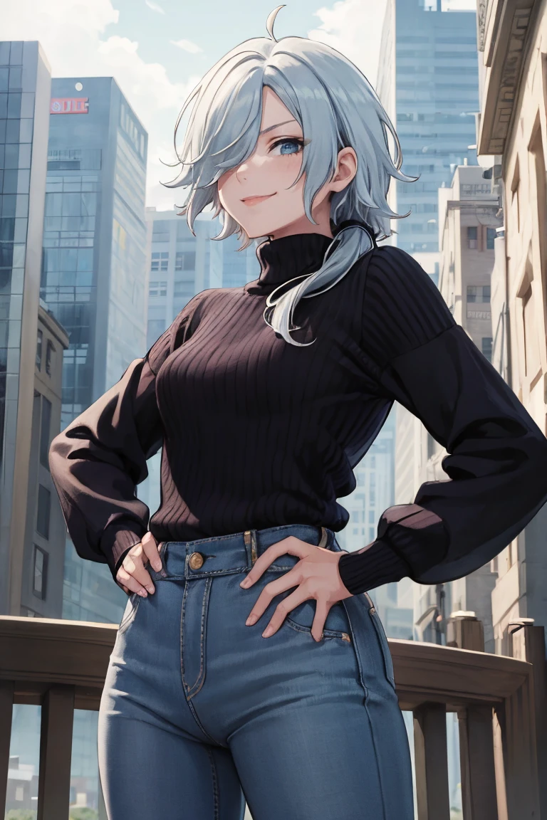 masterpiece, best quality, absurdres, 1girl, solo, MonikaGlint, hair over one eye, low ponytail, sweater, ribbed sweater, long sleeves, jeans, hands on hips, smile, outdoors, city, <lora:MonikaGlint:1>