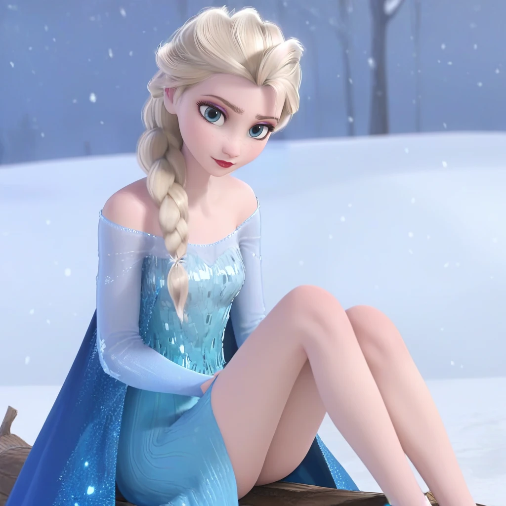 score_9, score_8_up, score_7_up, score_6_up, absurdres, best quality, <lora:elsa33:1> , elsa33, 1girl, long hair, blue eyes, blonde hair, dress, bare shoulders, braid, blue cape, blue dress, hair over shoulder, red lips, eyelashes, eyeshadow, makeup, frozen \(disney\), anime screencap, long sleeves, looking at viewer, sitting on a log, snowing,