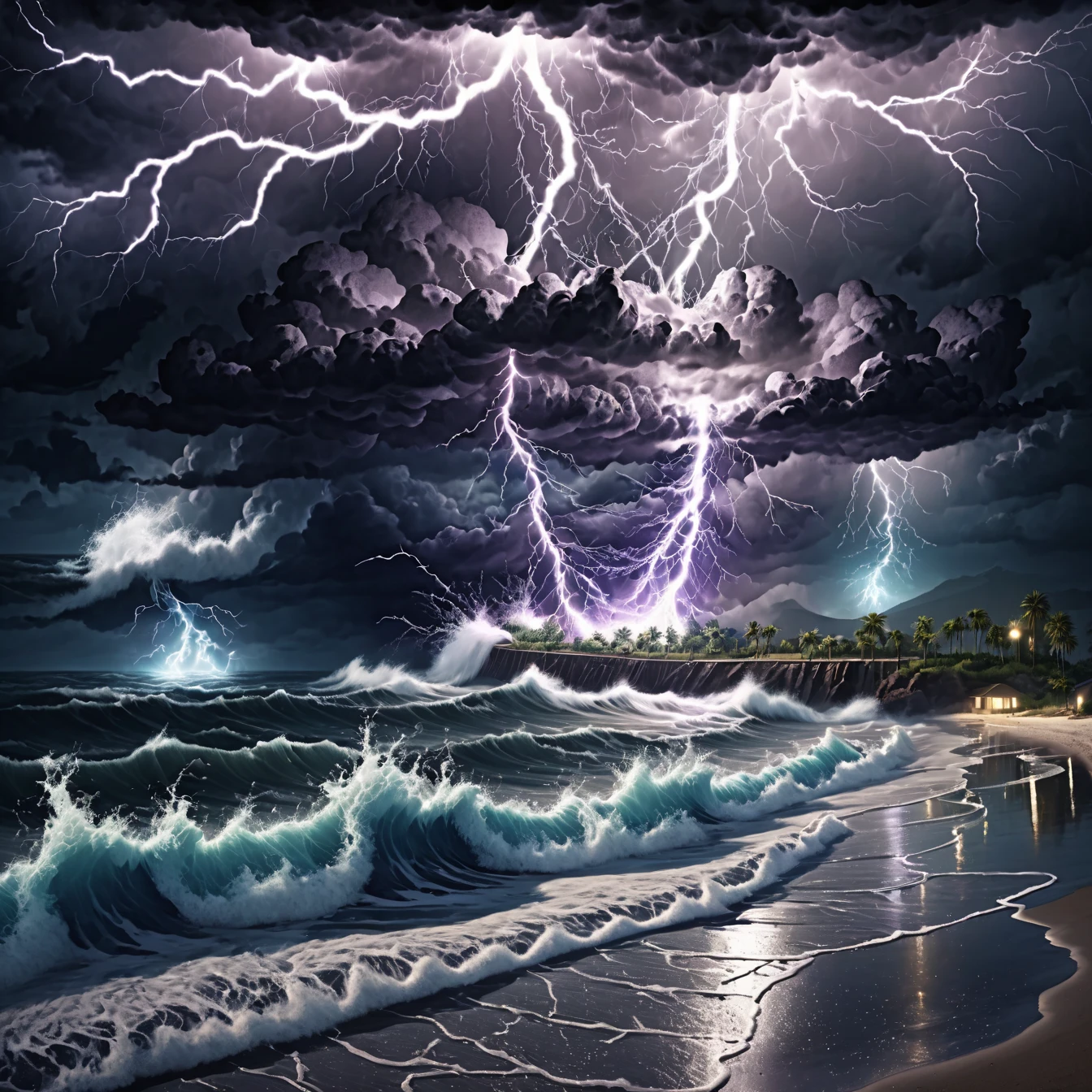 sparks, heavy thunderstorm at a dark beach with lightnings and large waves hitting the shoreline, eerie atmosphere, highly detailed <lora:sparks-xl:.7>