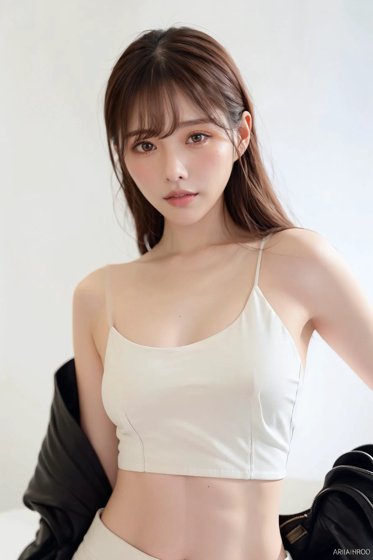 <lora:Arina_Hashimoto_kk:0.9>,1girl,solo,realistic,photorealistic,ultra detailed,looking at viewer,upper body,arina hashimoto,crop top,white background,simple background,